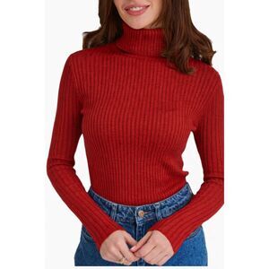 Red Women's Turtle Neck Sweater Long Sleeve Knit top Soft Fitted Sweater Size-L
